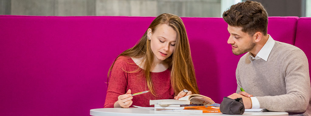 Two students studying in the library.